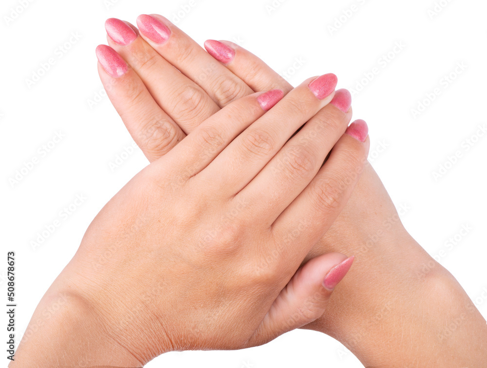 Woman's hands with pink nails manicure Isolated on white background. Woman's hands with pink nails manicure Isolated on white background.