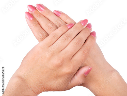 Woman s hands with pink nails manicure Isolated on white background.