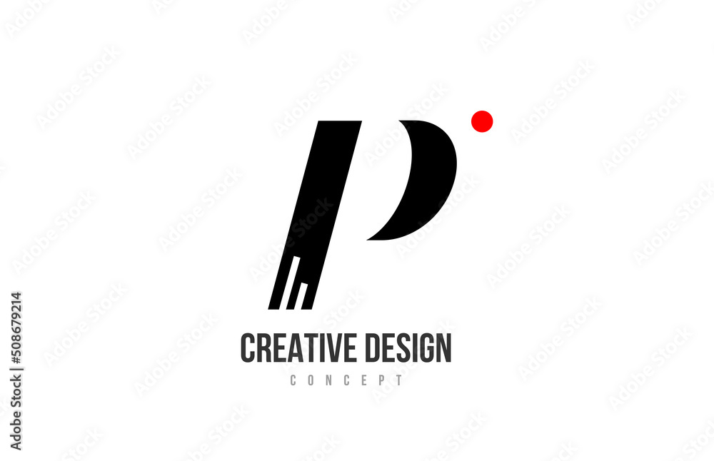 red dot P alphabet letter logo icon. Black and white creative template