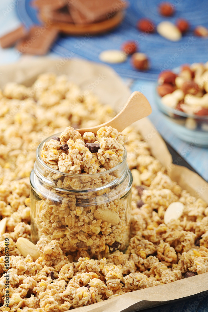 Homemade granola with nuts and chocolate Homemade granola with nuts and chocolate