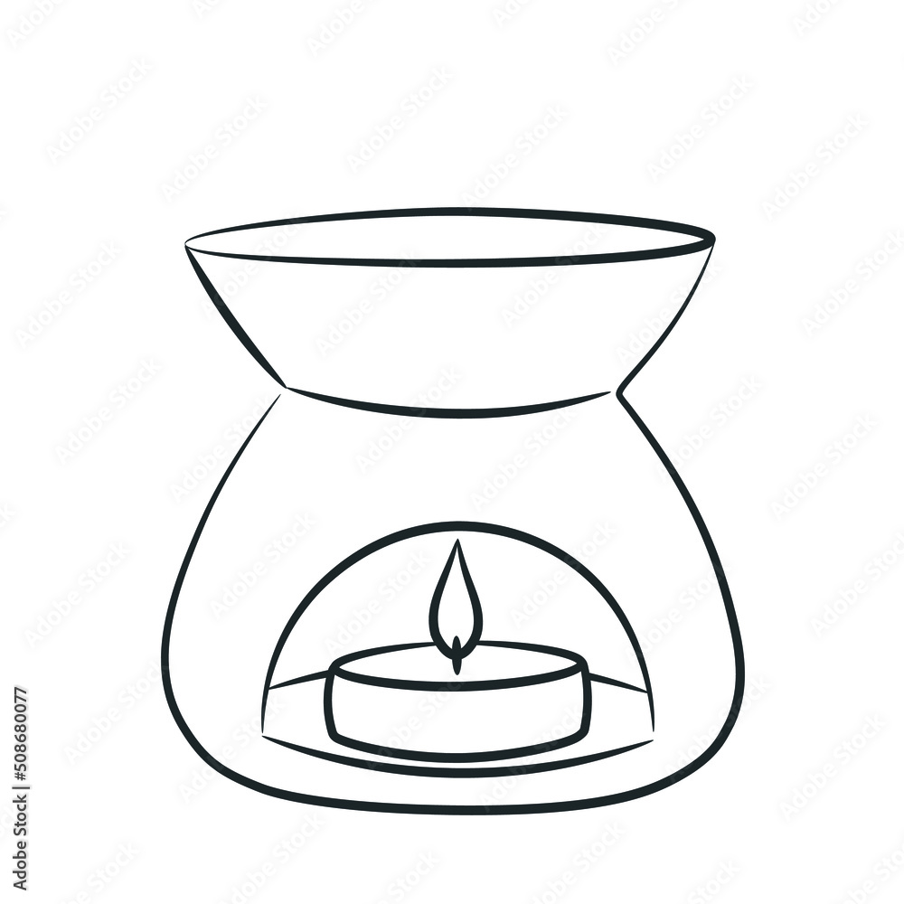 Burning candle in an aroma lamp. Doodle sketch style. Line drawing simple oil lamp icon. Isolated vector illustration. Burning candle in an aroma lamp. Doodle sketch style. Line drawing simple oil lamp icon. Isolated vector illustration.