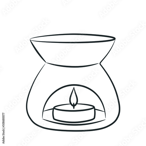 Burning candle in an aroma lamp. Doodle sketch style. Line drawing simple oil lamp icon. Isolated vector illustration.
