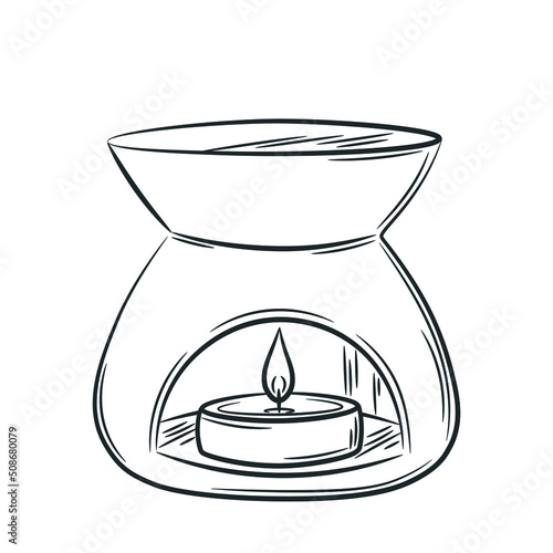 Burning candle in an aroma lamp. Doodle sketch style. Line drawing simple oil lamp icon. Isolated vector illustration with strokes.