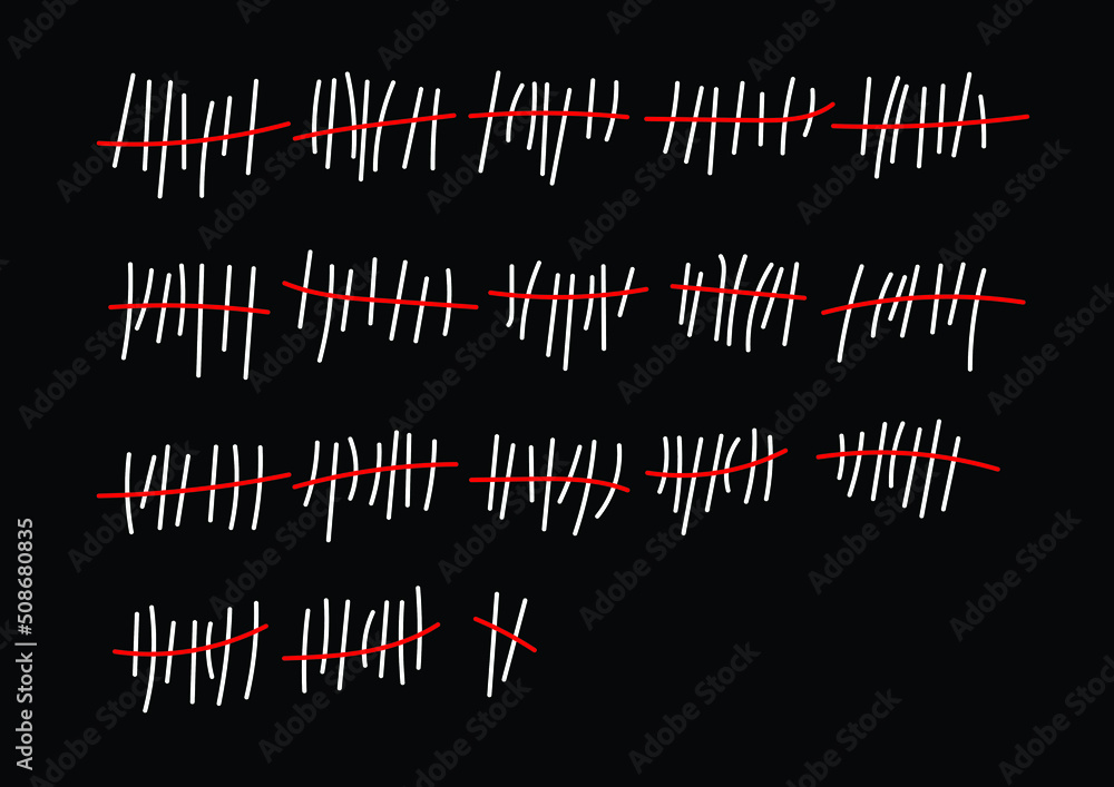 Hand drawn days counting lines on black background. Simple mathematical weeks count visualization. Prison, jail, kidnapped person wall counter. Vector illustration