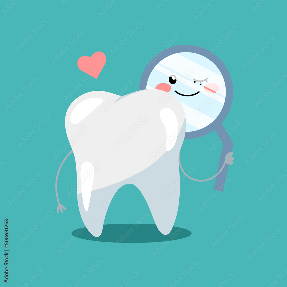 Colored illustration about health and tooth care. Cartoon tooth character looking in dental mirror. Colored illustration about health and tooth care. Cartoon tooth character looking in dental mirror.