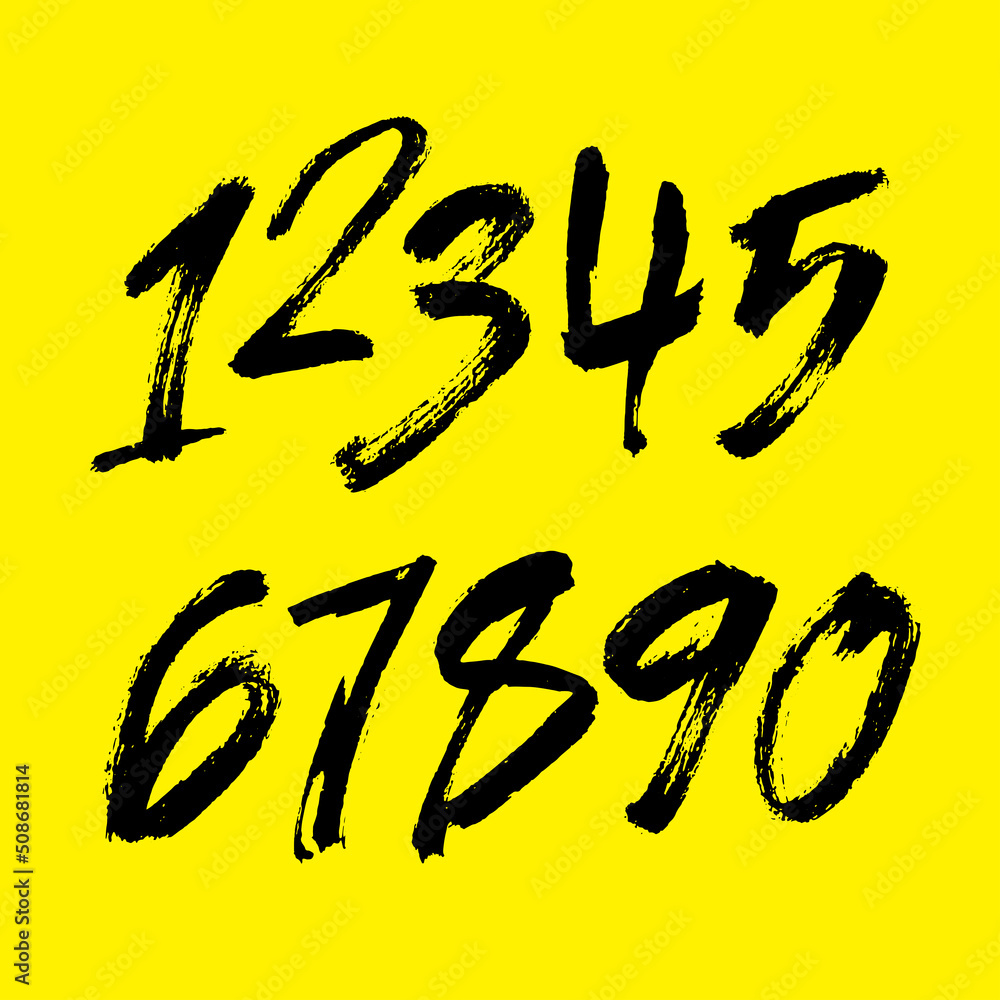 set of calligraphic acrylic or ink numbers. ABC for your design, brush lettering on a yellow background set of calligraphic acrylic or ink numbers. ABC for your design, brush lettering on a yellow background