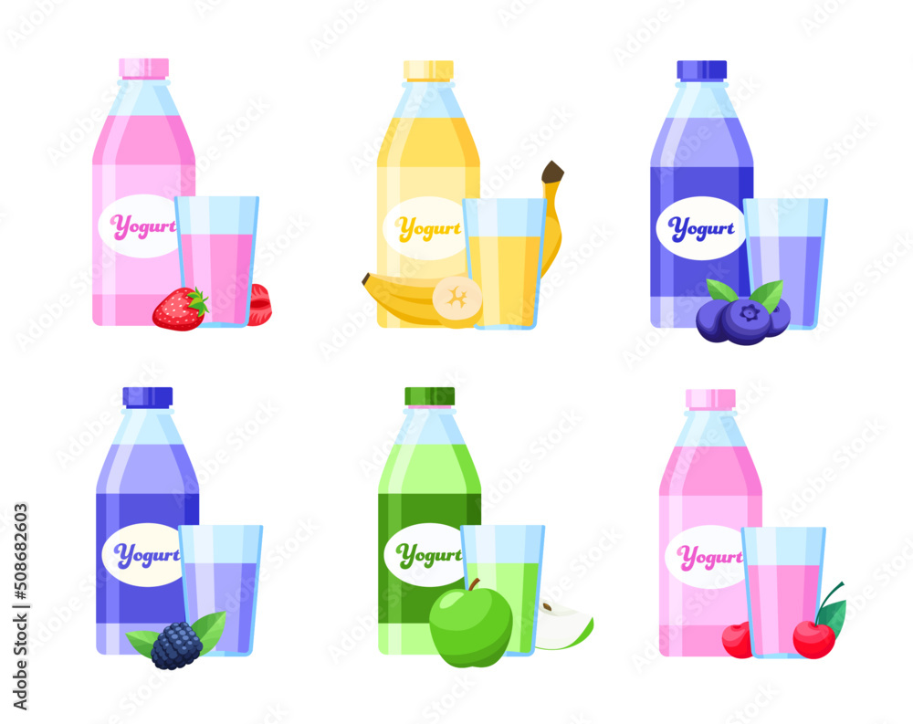 Set of different fruit yogurts in bottle and glass in flat cartoon style. Pink , yellow, purple, green yogurt vector illustration. Set of different fruit yogurts in bottle and glass in flat cartoon style. Pink , yellow, purple, green yogurt vector illustration.