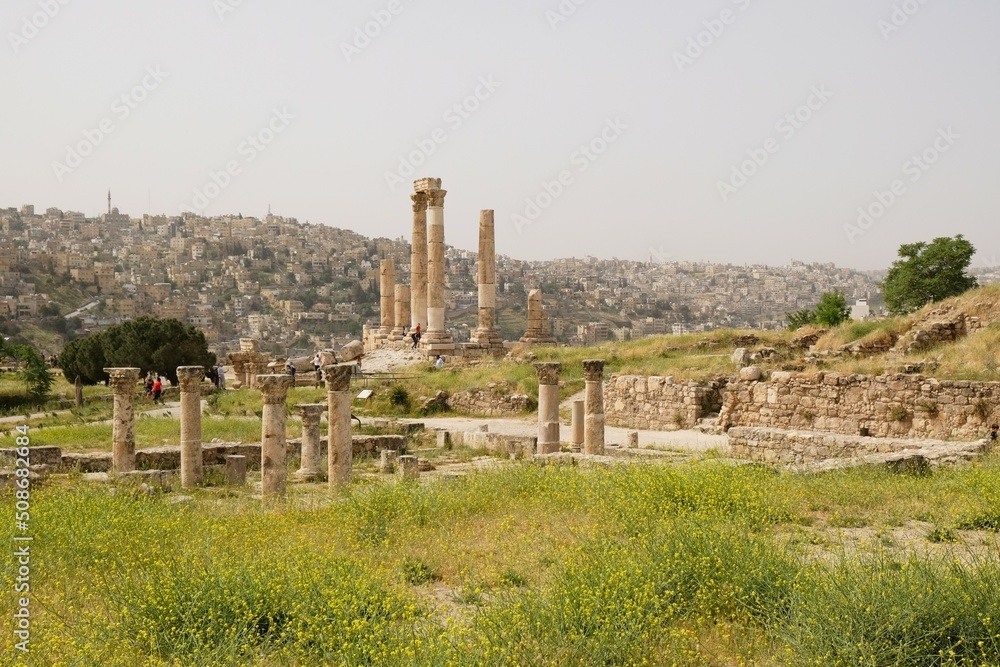 Ruins of Temple of Hercules in Citadel Jebel Al Qala'a in Amman, Jordan
