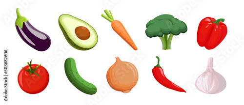 Set of vegetables flat vector illustration. Vegetable food collection. Avocado, eggplant, cucumber, tomato.
