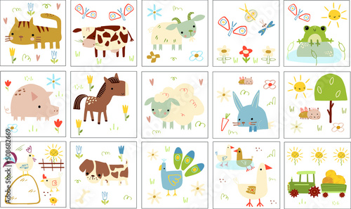 Fototapeta Naklejka Na Ścianę i Meble -  agriculture animals vector set for educational kids cards. illustrations cat, cow, tractor, frog, dog, horse, rabbit, sheep, goat, pig, peacock, rooster, insects in hand draw style