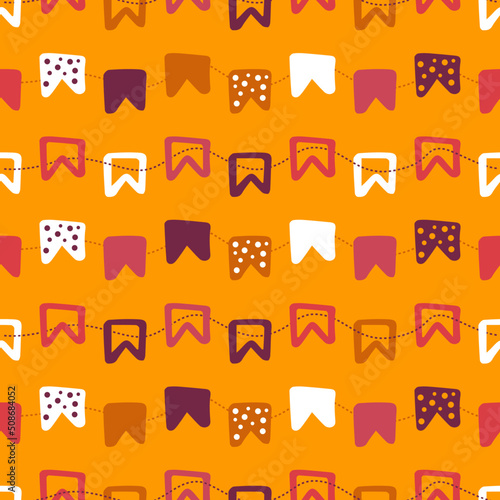 Seamless pattern in vector of typical June party flags. A traditional celebration in Brazil, the São João party. This print is ideal for fabrics, paper, or layout for social media. Template background