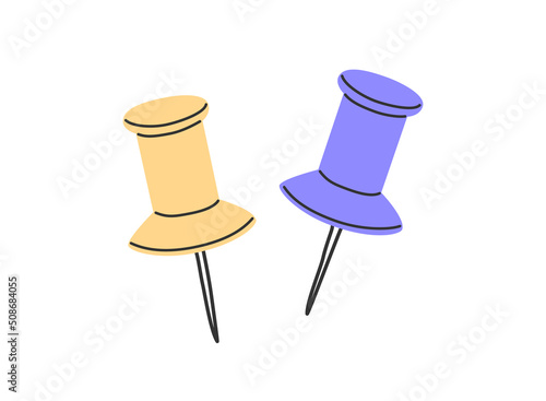 Hand drawn cute contemporary illustration of two pushpin or thumbtack. Flat vector stationery sticker or icon in simple colored doodle style. Study, write, school. Isolated on white background.