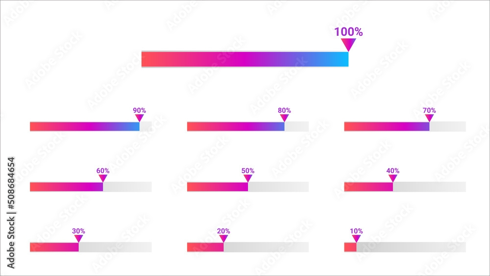 10 to 100 percentage infographics created with gradient progress bar