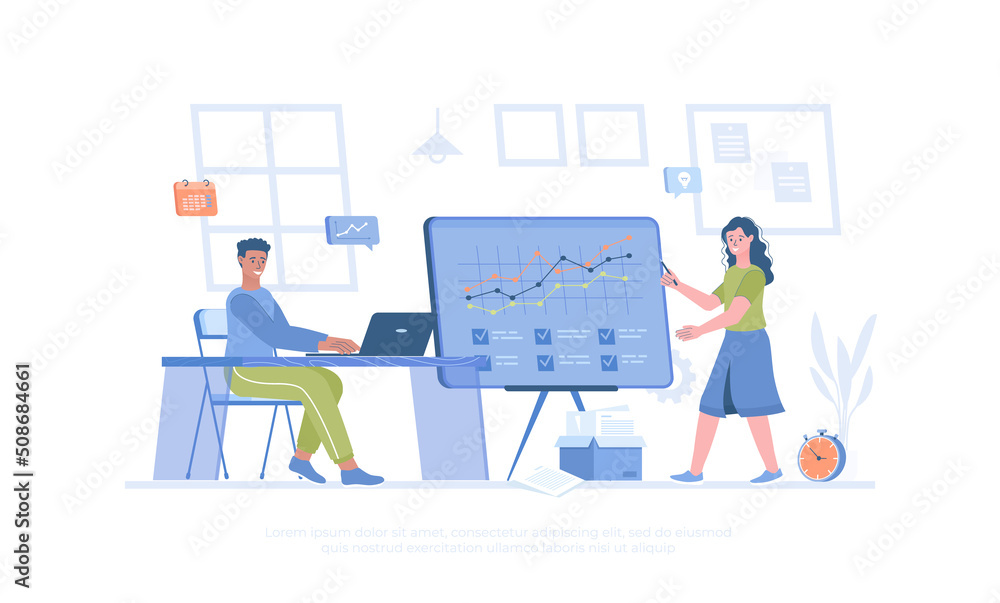 Brainstorming team working on projects, creating a new product. Colleagues discussion, business communication. Cartoon modern flat vector illustration for banner, website design, landing page.