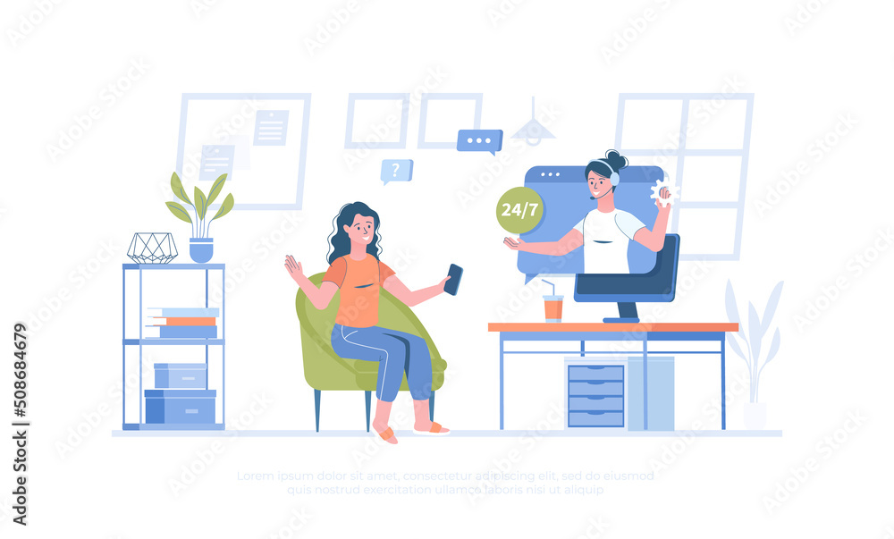 Virtual assistant. Customer support, call center. Operator consults client and answers questions. Cartoon modern flat vector illustration for banner, website design, landing page.