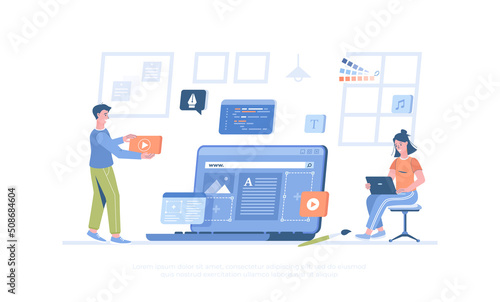 Design studio concept. Designers create content for the website, graphic elements, choose colors and fonts. Cartoon modern flat vector illustration for banner, website design, landing page.