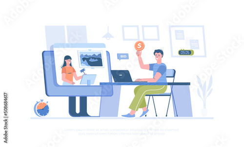 Online Auction. Customer bidding in online auction, auctioneer sells art painting. Cartoon modern flat vector illustration for banner, website design, landing page.