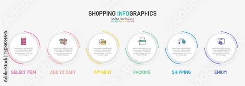 Concept of shopping process with 6 successive steps. Six colorful graphic elements. Timeline design for brochure, presentation, web site. Infographic design layout.