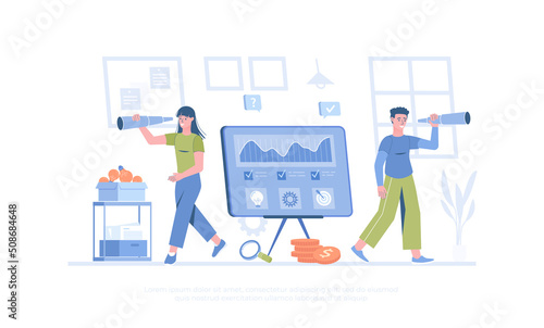 Business vision concept. People looking opportunities, successful strategy, new business ideas. Cartoon modern flat vector illustration for banner, website design, landing page.