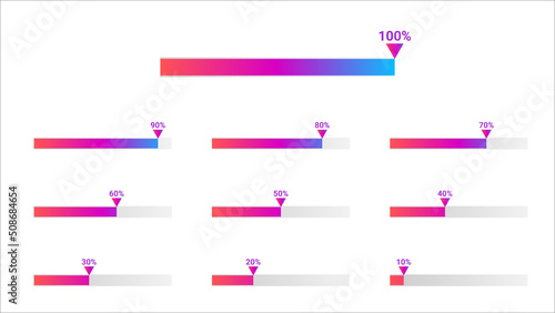 10 to 100 percentage infographics created with gradient progress bar element, percentage infographics vector set.