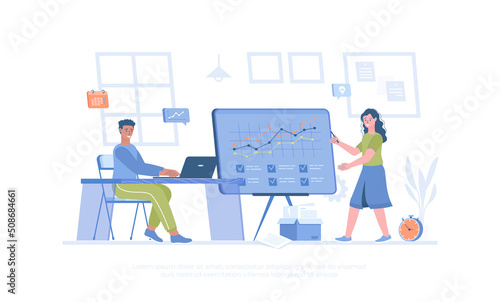 Brainstorming team working on projects, creating a new product. Colleagues discussion, business communication. Cartoon modern flat vector illustration for banner, website design, landing page. © vectorhot