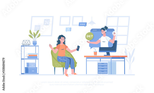 Virtual assistant. Customer support, call center. Operator consults client and answers questions. Cartoon modern flat vector illustration for banner, website design, landing page. © vectorhot
