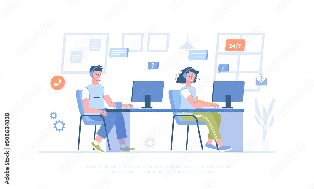 Support center. Online consultants help clients in chats and calls. Call center operators. Cartoon modern flat vector illustration for banner, website design, landing page. Support center. Online consultants help clients in chats and calls. Call center operators. Cartoon modern flat vector illustration for banner, website design, landing page.