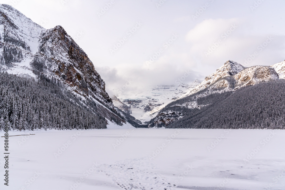 Scenic winter views in Canada with white, snowy scenic landscape. 