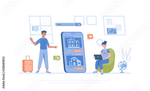 Booking a hotel online service, tourism planning. Mobile app for booking apartment for vacation, traveling. Cartoon modern flat vector illustration for banner, website design, landing page.