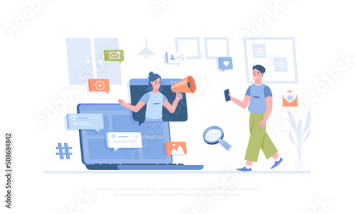 Social media news, Email marketing, Online advertising. Promotion strategy. Cartoon modern flat vector illustration for banner, website design, landing page.