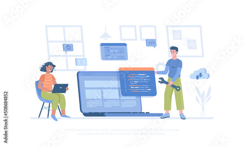 Software development, programming, coding. People write code, settings and testing, developing programs and applications, working at IT industry. Cartoon modern flat vector illustration for web banner