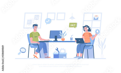 Technical support. Online customer service. Operators in headphones consult clients and solve tech problems. Cartoon modern flat vector illustration for banner, website design, landing page.