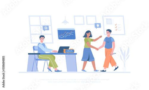 Business people work in a team. Colleagues research, analyze, develop, create new ideas. Cartoon modern flat vector illustration for banner, website design, landing page.