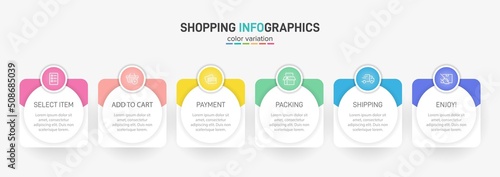 Concept of shopping process with 6 successive steps. Six colorful graphic elements. Timeline design for brochure, presentation, web site. Infographic design layout.