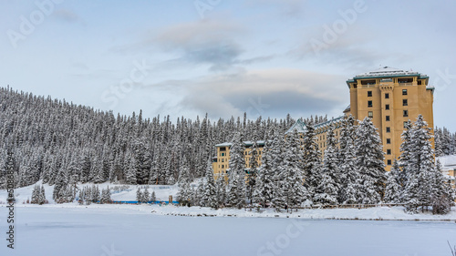 Lake Louise, Alberta, Canada - Winter season in the beautiful tourism, famous tourist scenery spot with the Fairmont Chateau in view.  photo