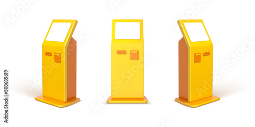3D cartoon payment terminal. Promotional interactive information kiosk. Advertising display. Terminal stand. Touch screen display. Vector 3d illustration