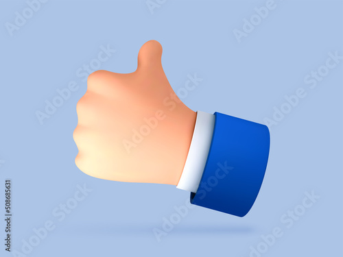 3D cartoon thumb up hand gesture isolated on blue background. Hand thumb up or like sign. Vector 3d illustration
