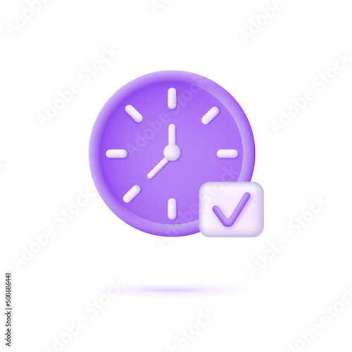 3d Clock icon and approval mark. Check mark. Time-keeping and measurement of time. Time period concept. Can be used for many purposes.