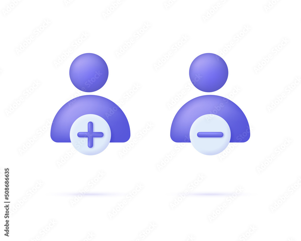 3d User icon and plus, minus marks isolated on white background. Avatar, human, person, people icon. People illustration sign collection. Can be used for many purposes. 3d User icon and plus, minus marks isolated on white background. Avatar, human, person, people icon. People illustration sign collection. Can be used for many purposes.