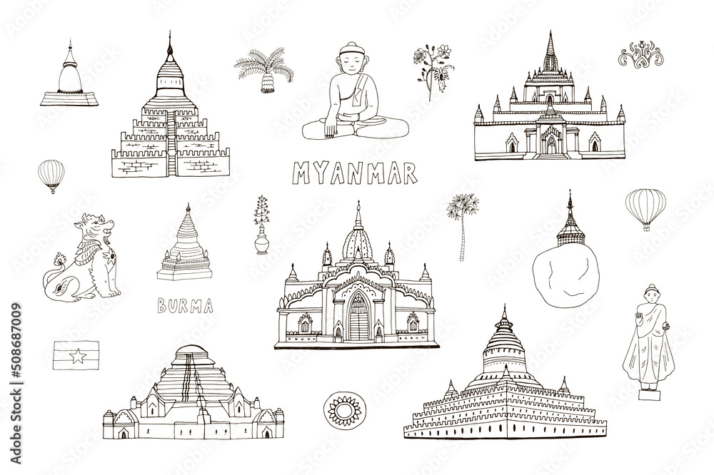 Myanmar travel signs vector lineillustrations set