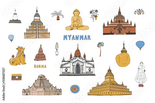 Myanmar travel signs vector illustrations set