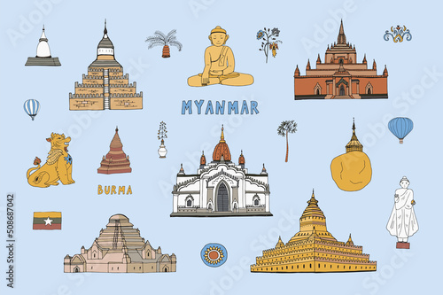 Myanmar travel signs vector illustrations set