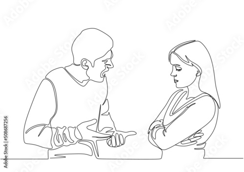 continuos one line arguing people. social content, communication between people. Man and women talking each other. Vector illustration