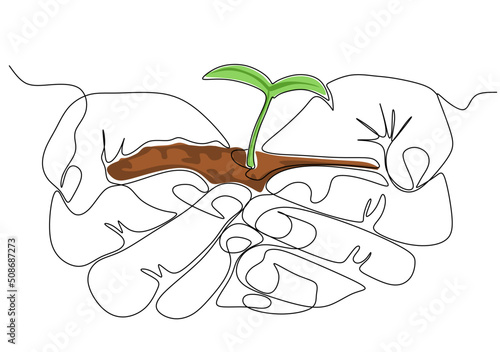 Continuous one line growing sprout in the hands of man, Eco concept