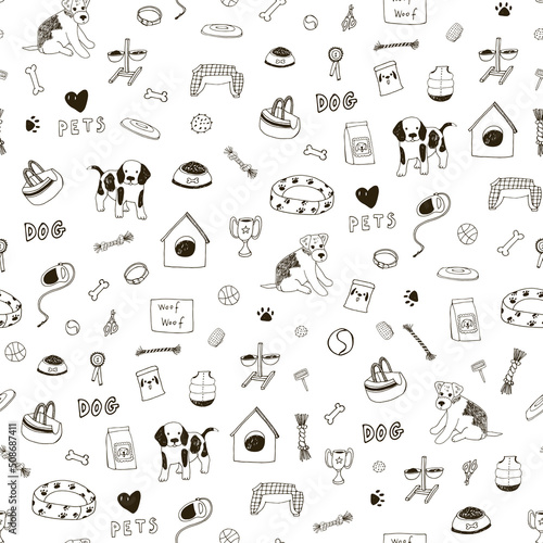 Pet dog line vector seamless pattern