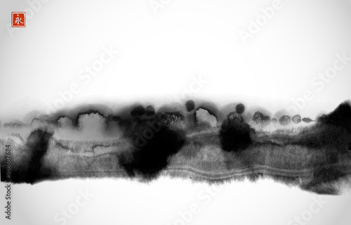 Stylized black ink wash painting of landscape with misty forest trees on white background. Traditional oriental ink painting sumi-e, u-sin, go-hua. Hieroglyph - eternity