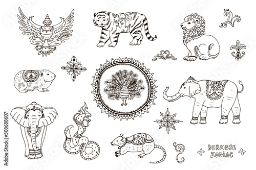 Burmese zodiac signs animals vector line illustrations set