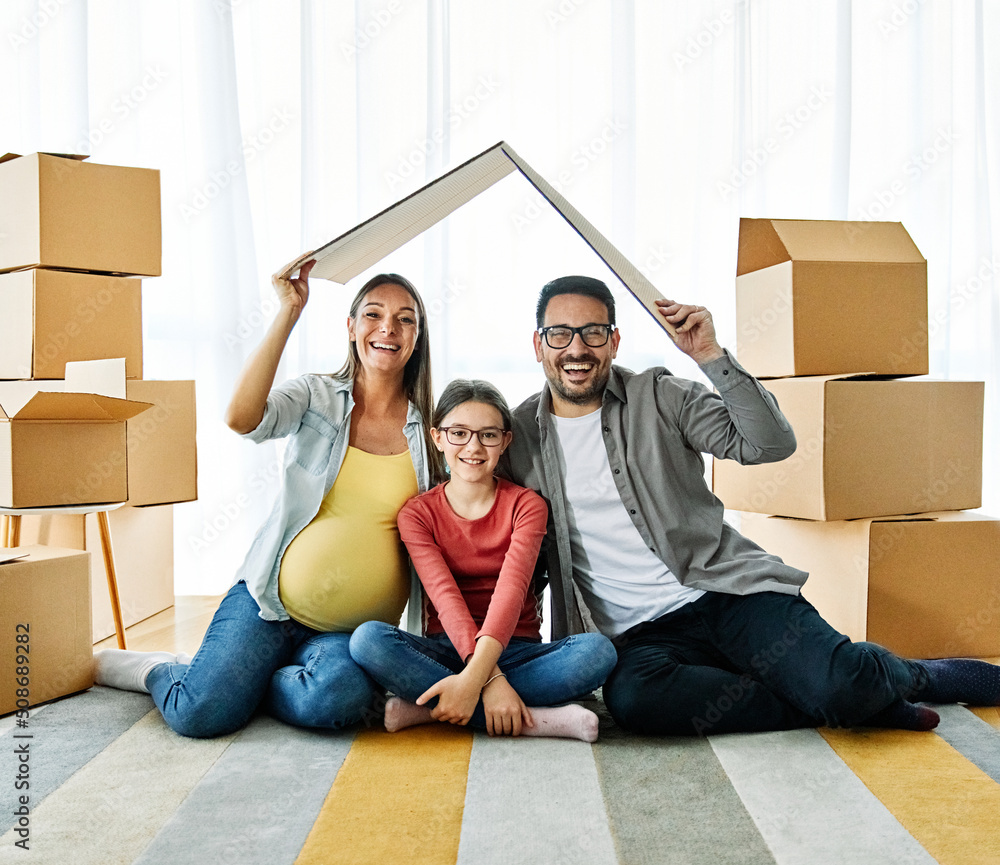 child family box home house moving happy apartment pregnant mother