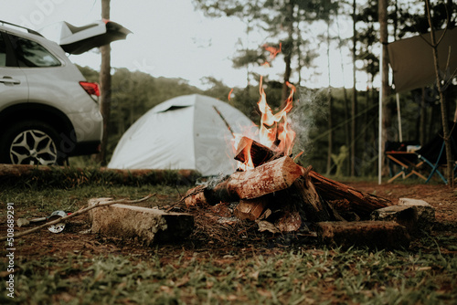 Wooden camp fire in pine forest. Car to travel picnic camping in the forest. Stock image of camping summer activities. Adventure travel with car, tent
