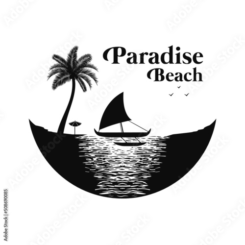 Paradise beach and Sailboat with the Pacific Proa Silhouette on Sea Beach that looks like a crescent moon